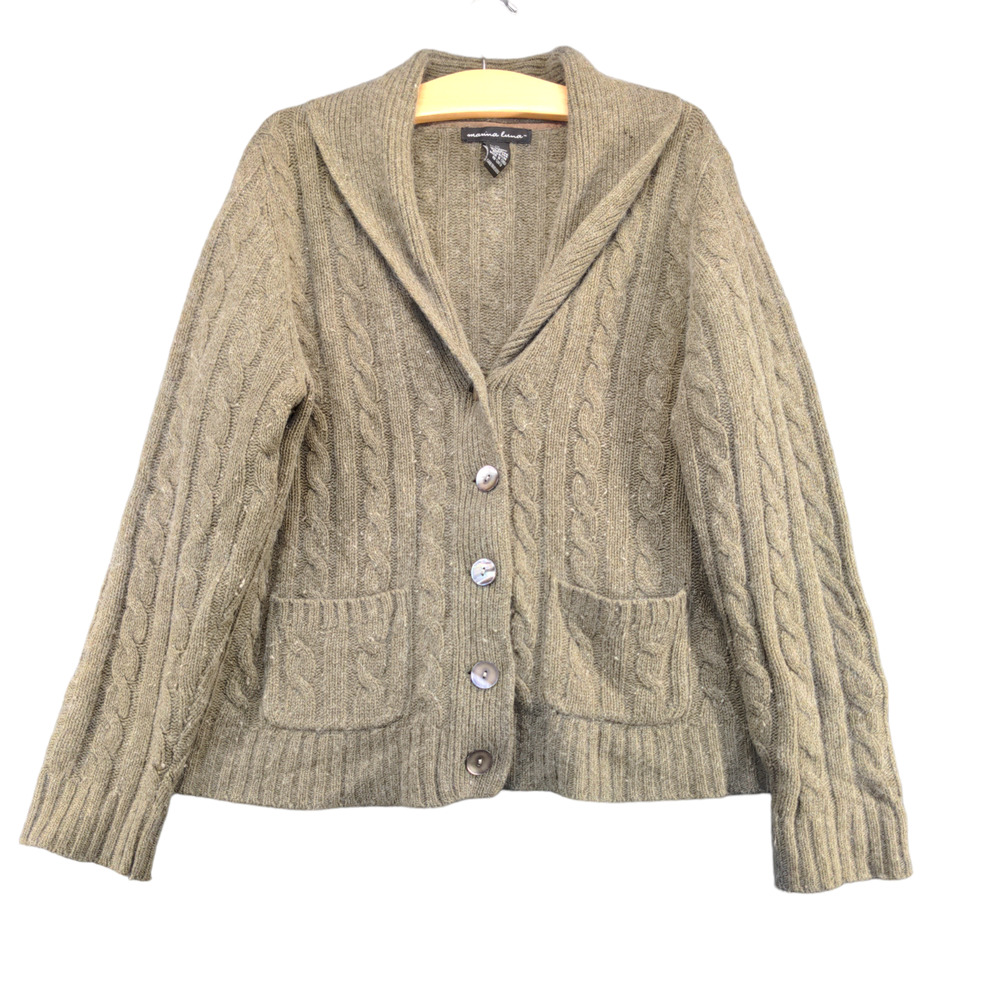Marina Luna Women's Cable Knit Cardigan Sweater Green XL Shawl Collar Lambswool